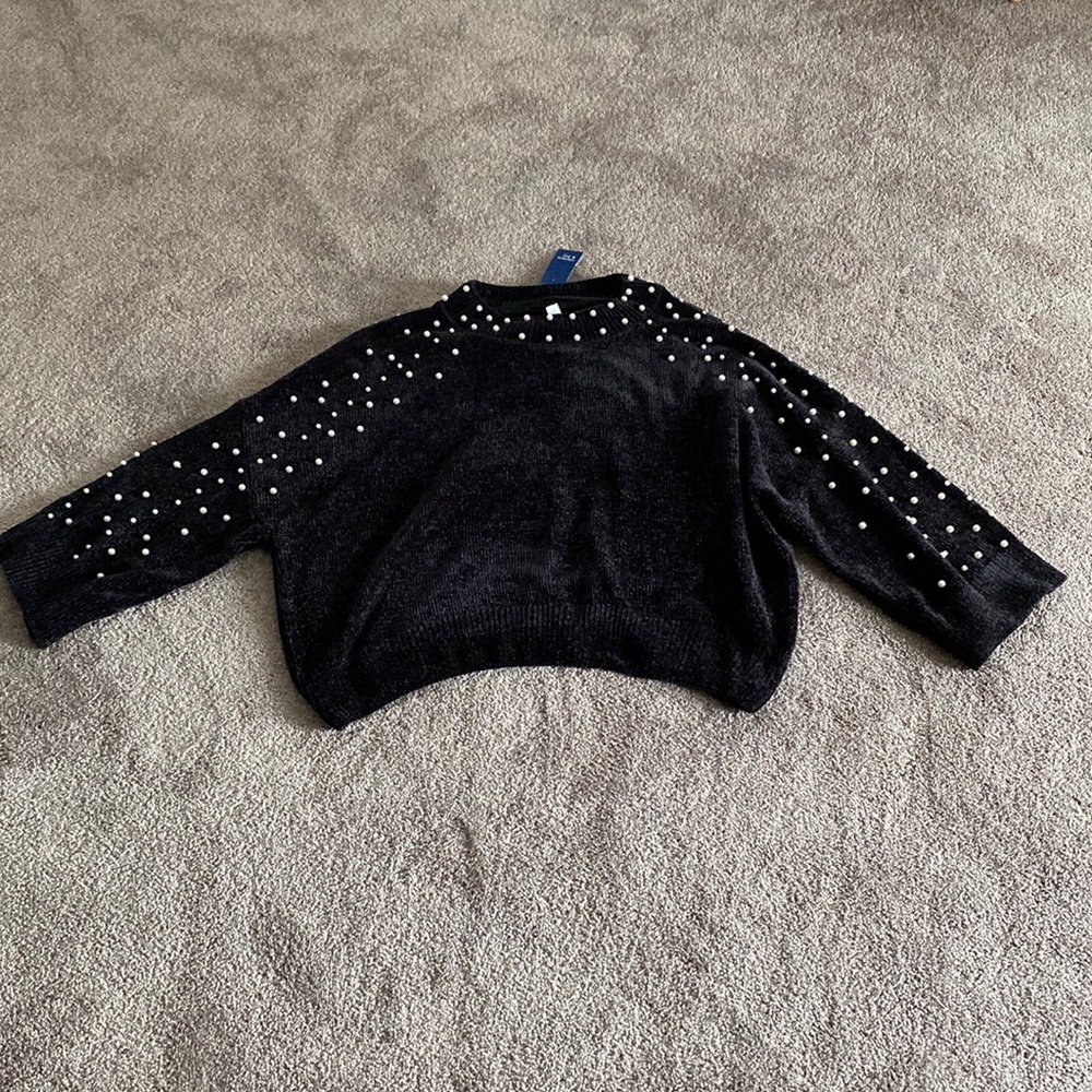Crown & Ivy Pearl Beaded Mock Neck Pullover Sweater Black SIZE M
